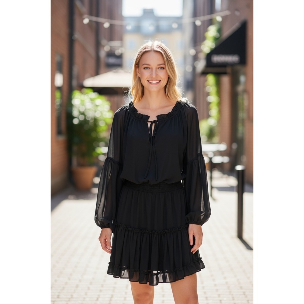 Buddy LovBlack‎ Sheer Long Sleeve Mini Dress Ruffle Tiered Hem Tie Neck Boho M